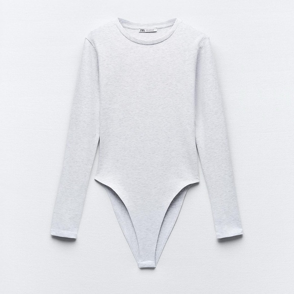 ZARA Long Sleeve Modal Crewneck Light Gray Mark Heathered Bodysuit Top - Picture 2 of 7